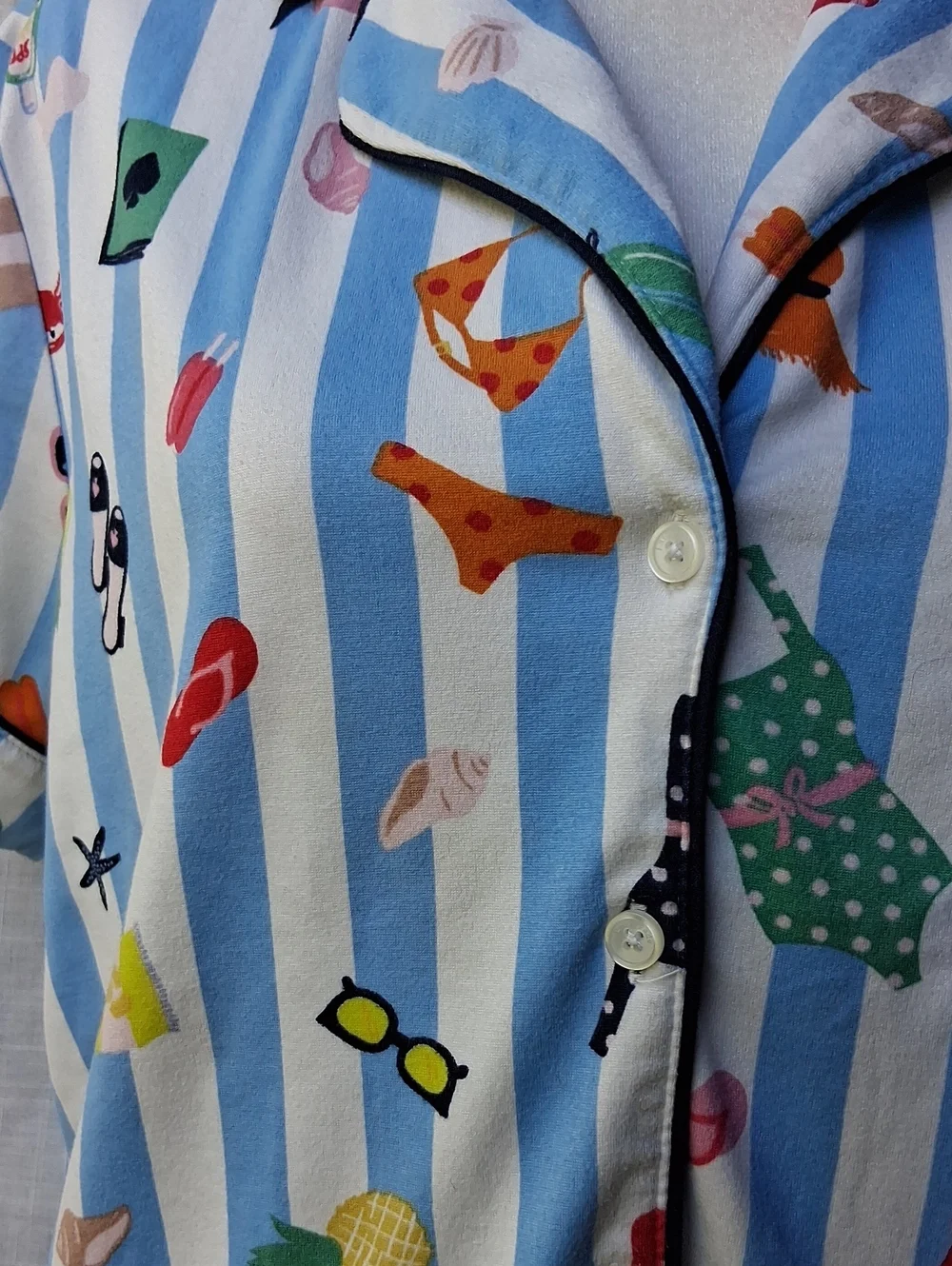 kate spade Light Blue Striped Short Sleeve Button Shirt with Multicolor Print M